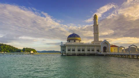Time-lapse of beautiful floating mosque at Pangkor Island during sunrise. Stock Footage 226113251