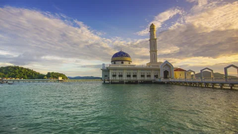 Time-lapse of beautiful floating mosque at Pangkor Island during sunrise Stock Footage 226113278