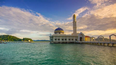 Time-lapse of beautiful floating mosque at Pangkor Island during sunrise. Stock Footage 226113743