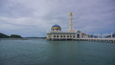 Time-lapse of beautiful floating mosque at Pangkor Island during sunrise. Stock Footage 226863700