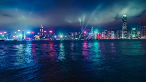 Time Lapse of a Beautiful Laser Night Show Scenery Of Hong Kong Victoria Harbor. Stock Footage 100605005