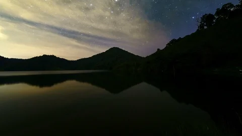 Time lapse of beautiful milky way scenery over alps mountains and lake Stock Footage 87774288