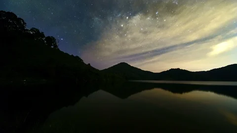 Time lapse of beautiful milky way scenery over alps mountains and lake Stock Footage 87775847