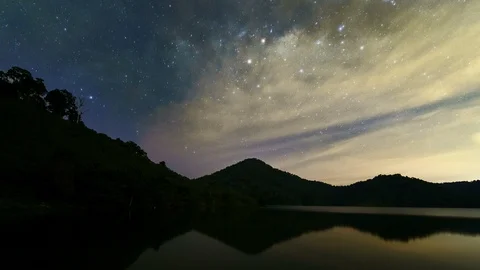 Time lapse of beautiful milky way scenery over alps mountains and lake Stock Footage 87775955