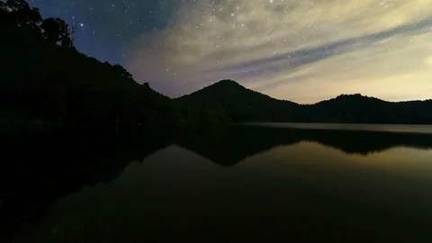 Time lapse of beautiful milky way scenery over alps mountains and lake Stock Footage 87776531