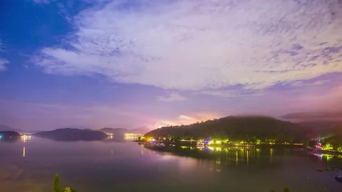 Time Lapse - Beautiful Night View of Sun Moon Lake, Taiwan 4K Stock Footage 76923335
