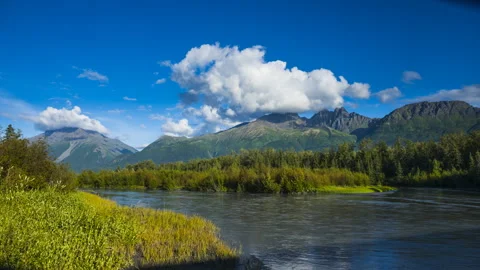 Time lapse of beautiful river valley in Alaska with blue sky Stock-Footage 330445477