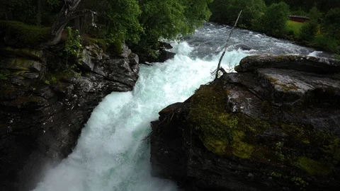 Time Lapse of Beautiful River Waterfall Famous Norwegian Mountains in Andalsnes Stock Footage 104957740