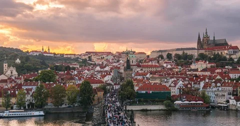 Time Lapse - Beautiful sunset of charles bridge,Prague,Czech Republic Stock Footage 125491847