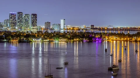 Time Lapse - Beautiful Sunset Cloudscape of Downtown Miami Skyline   - 4K Stock Footage 121316345