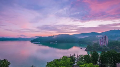Time Lapse - Beautiful Sunset Dusk of Sun Moon Lake, Taiwan 4K Stock Footage 77566297