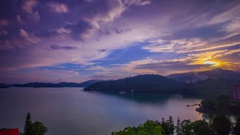 Time Lapse - Beautiful Sunset Dusk of Sun Moon Lake, Taiwan - 4K Stock Footage 80460248