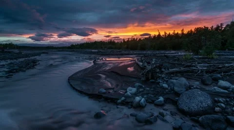 Time Lapse. Beautiful sunset on the mountain river. Stock Footage 68579037