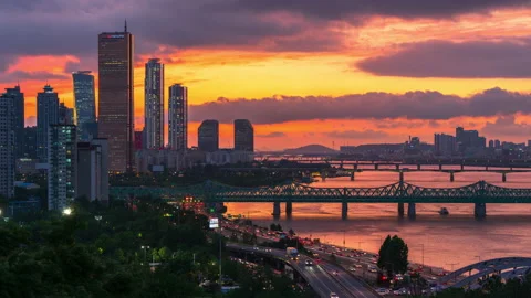 Time lapse Beautiful sunset at yeouido city with han river in Seoul,South Korea. Stock Footage 201658449