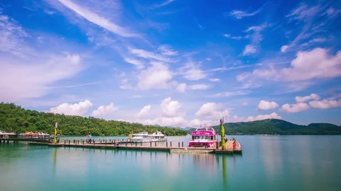 Time Lapse - Beautiful View of Yi Da Shao Wharf, Sun Moon Lake, Taiwan 4K Stock Footage 76923298