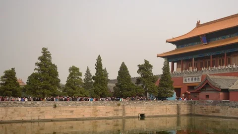 Time Lapse of Beijing Crowd of People Visit Gate to Forbidden City Landmark Day Stock Footage 99137486