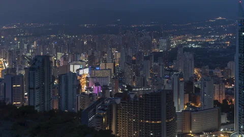 Time lapse of Benidorm skyline at dusk with skycrapers next to the beach Stock Footage 170881806
