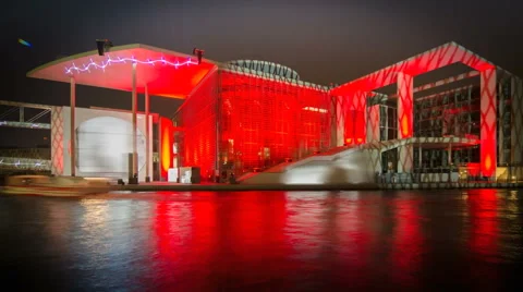 Time lapse Berlin Paul-Löbe-Haus at night with colourful illumination Stock Footage 42104917