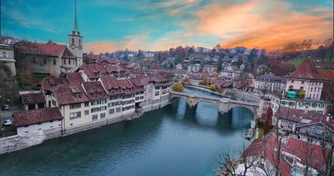 Time lapse of Bern bridge Untertorbryukke over Aare river in Switzerland Stock Footage