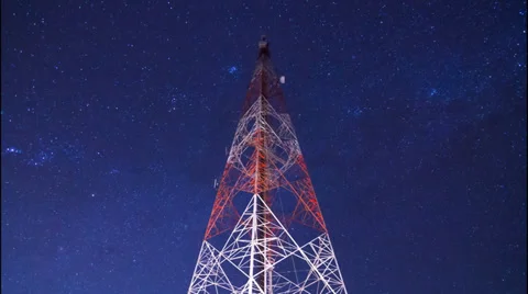 Time lapse big communication tower and starry movement in the night sky Stock Footage 33783851