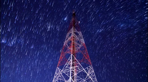 Time lapse big communication tower and beautiful startrail in the night sky Stock Footage 34209104