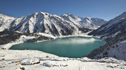 Time lapse of big lake in winter mountains , Big Almaty lake Stock Footage 57106631