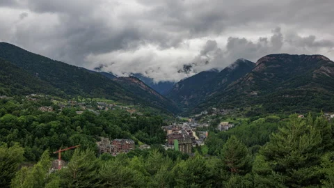 Time lapse of Billowing clods over the city of La Massana (Andorra), Pyrenees Video stock 249536804