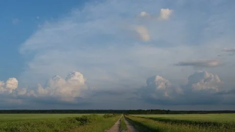Time Lapse of billowing clouds above green wheat fields and a country road. Stock Footage 156970625