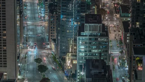 Time lapse birds eye view of downtown city streets with traffic 01 Video stock 116526861