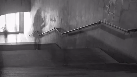 Time Lapse of black and white pictures of walking people on the stairs. 4K Stock Footage 83524112