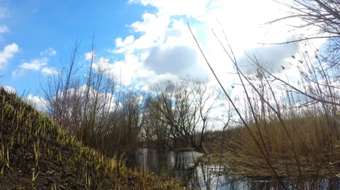 Time-lapse of  Blue Sky and River Flow with Zooming Effect. Countryside. Video stock 36879073