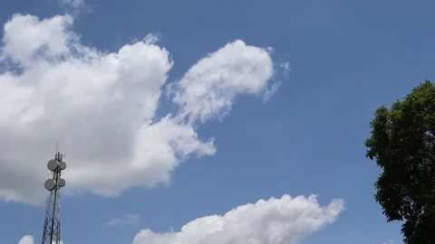 Time lapse, blue sky and white cloud blowing through the telephone pole Stock Footage 155602807