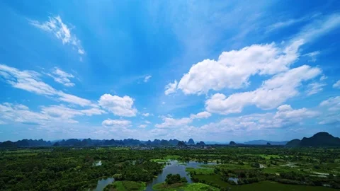 Time lapse of the blue sky and flowing white clouds over the swamps in China Stock-Footage 157348013