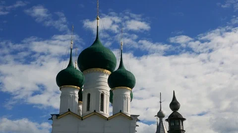 Time lapse blue sky moving clouds Orthodox Church Resurrection Rostov Kremlin Stock Footage 99257289