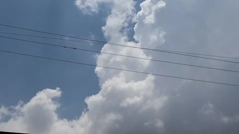 Time Lapse, blue sky, white cloud moving with electric wires through Stock Footage 152598086