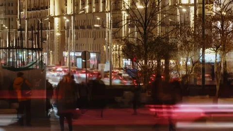 Time lapse of blurred crowded night city traffic and roads in winter Moscow city Video stock 257697407