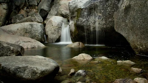 Time lapse of a blurry waterfall flowing in a pool of water with smooth boulders Stock Footage 146199860
