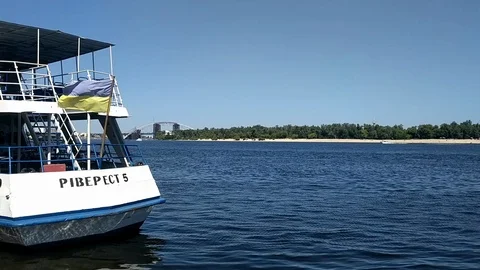 Time lapse of boats down the Dnieper River in Kiev, Ukraine Stock Footage 114676225