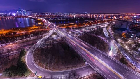 Time lapse of bridges and Han Riverside at Night in Downtown Seoul Stock Footage 76312288