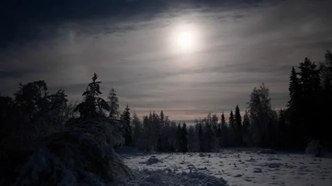 Time lapse of bright moon and clouds over winter meadow Stock Footage 151263617