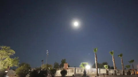 Time Lapse of bright moon setting at daybreak over palm trees and quiet street, Stock-Footage 339512073