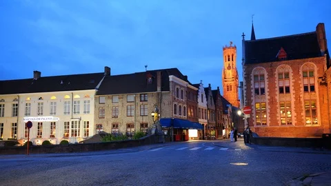 Time Lapse of Bruges Medieval Bell Tower Famous Landmark Tourist Attraction Dusk 스톡 동영상 99276152