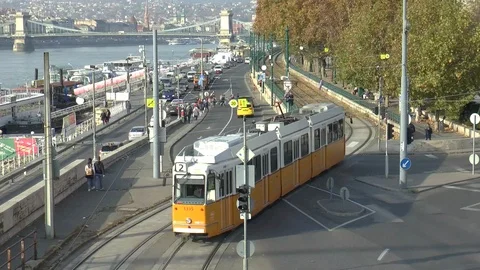Time-Lapse Budapest Chain Bridge And Passing Tram Stock Footage 99863095