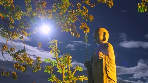 Time lapse - Buddha statue with milky way moon ZEN yoga garden Stock Footage 80396243