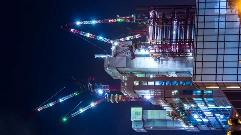 Time Lapse Building Construction Site Night Working (vertical screen) Video stock 94666043