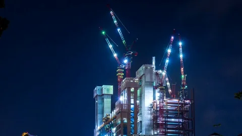 Time Lapse Building Construction Site Night Working (zoom in) Stock Footage 94666071