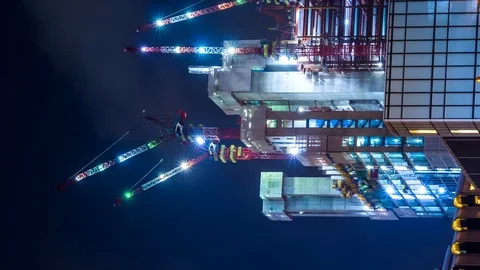 Time Lapse Building Construction Site Night Working (vertical, pan shot) Stock Footage 94666073
