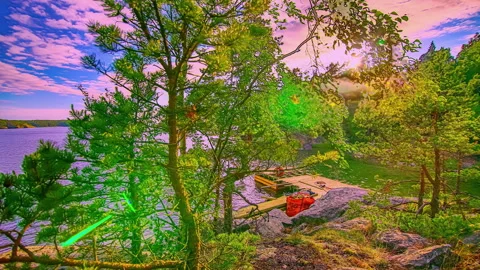 Time lapse building of wooden deck over lake, time passing construction Stock Footage 262438529