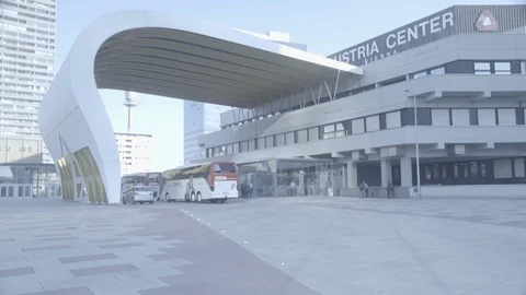 Time Lapse of busses arrive at Austria Center Vienna Stock Footage 98766360