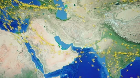 Time lapse of busy air traffic over the Strait of Hormuz on a map. Stock Footage 334364099